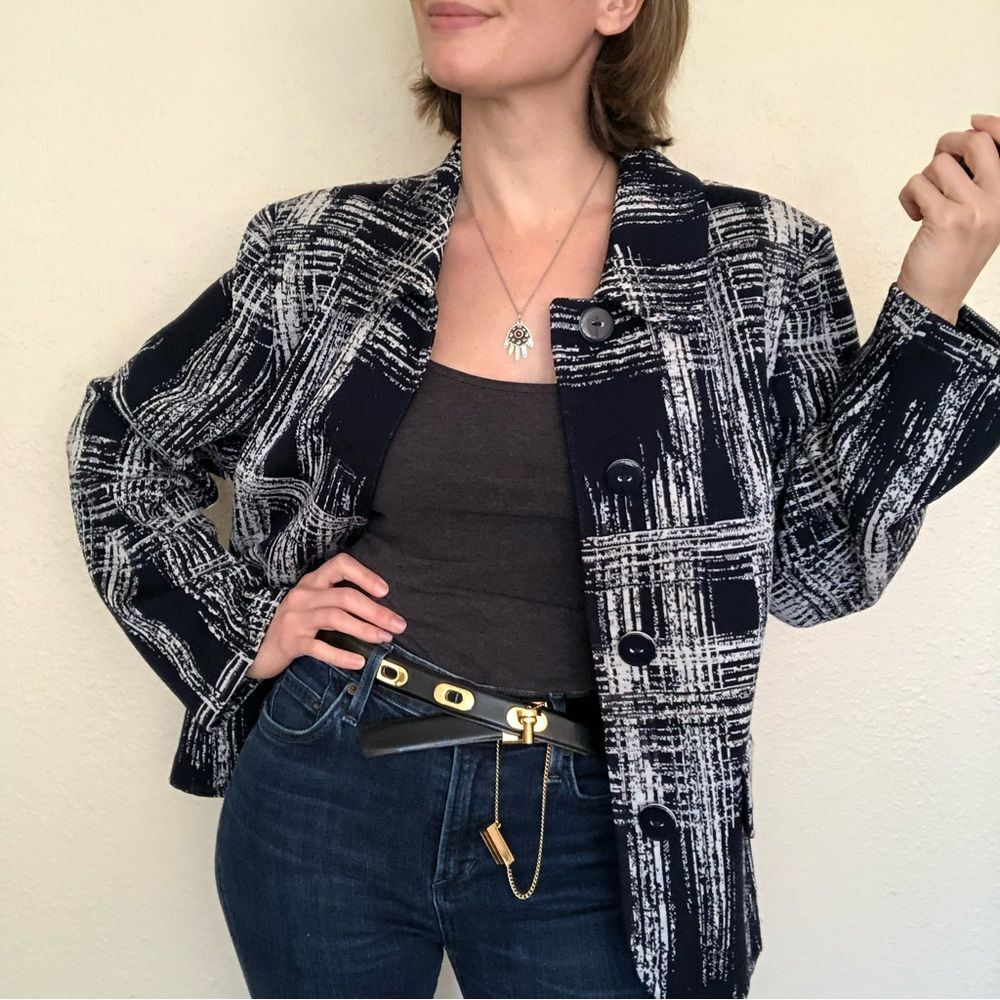 St John Santana Knit Jacket Navy White Artsy Plaid SZ 10 Quiet Luxury Preppy